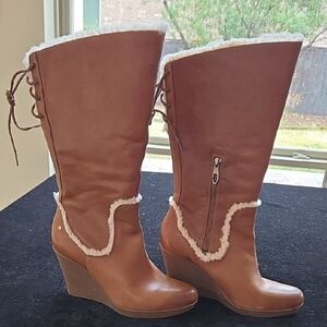 Brown Wedge Boots with Shearling Trim